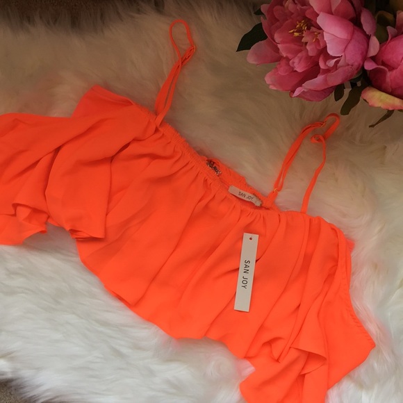 neon orange off the shoulder crop top